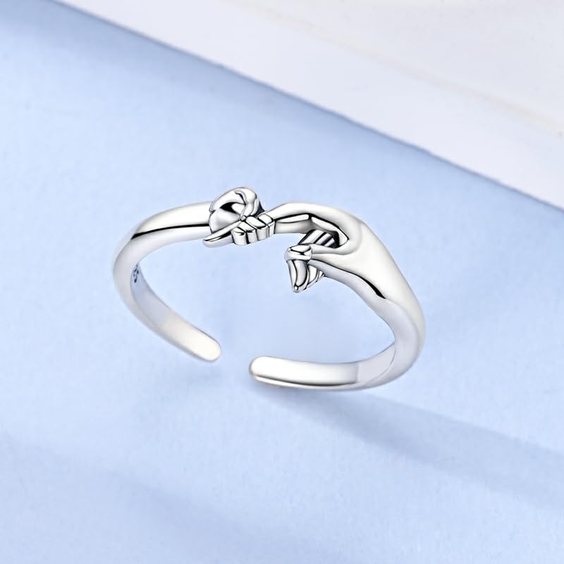 PARCOM Adjustable Women Stackable Ring, 925 Sterling Silver Open Rings - Trendy Eternity Cubic Zirconia Stackable Band Engagement Promise Ring for Her, Hypoallergenic Non Tarnish Nature Bird Floral Thumb Rings - color: Hand-in-Hand
