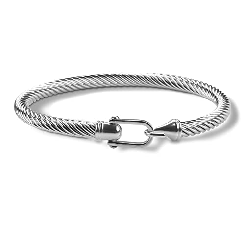 Twisted Cable Bracelet Stylish Fine Stainless Steel Cable Cuff Bracelet with Hook Clasp Bracelets Jewelry for Women - color: Silver（7.6"）