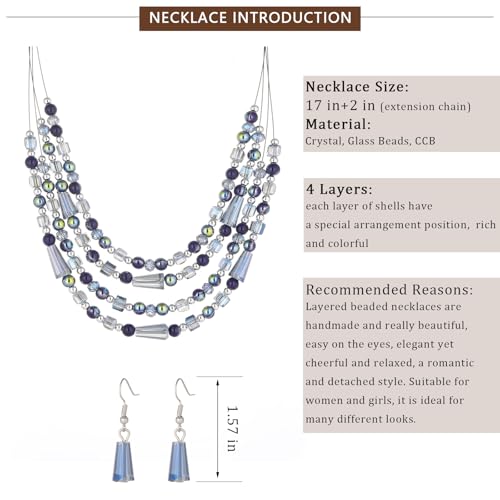 Errally Layered Beaded Statement Necklace Multi Strand Crystal Beads Collar Necklace and Earring Sets for Women Fashion Costume Jewelry Set Gifts for Her - color: Blue