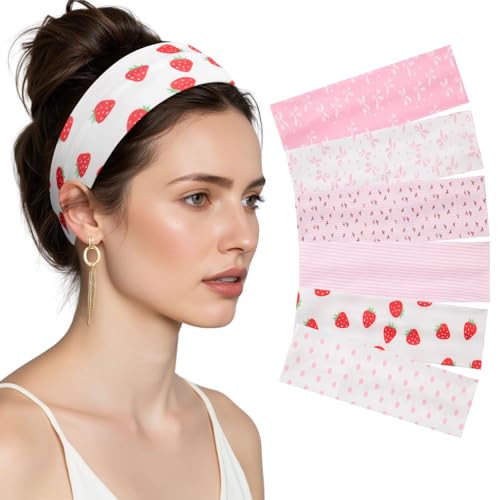 AWAYTR 6Pcs Wide Headbands for Women Non Slip Soft Elastic Hair Bands for Women's Hair for Workout Sports - color: Pink Print