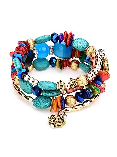 Women Beaded Bracelet Set | Colorful Boho Stackable Trendy Design with Crystal Accents Multilayer Bangle Bracelet | Fashion Stretch Braclets Jewelry for Women - color: Teal.
