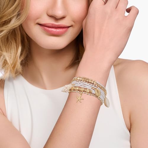 Shell Bracelet Seashell Boho Beaded Stretch Bracelets for Women Summer Beach Bracelets Starfish Charm Bracelet Stackable Gold Plated Bracelets Set for Women - color: c-white