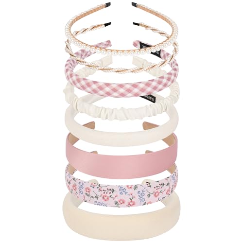 LYroo Headbands for Women Girls Non Slip - 8 Pack Wide Padded Headband Cute Floral Headbands Fashion Pearl Beaded Thin Head Bands Trendy Hair Accessories(White & Pink) - color: Beige