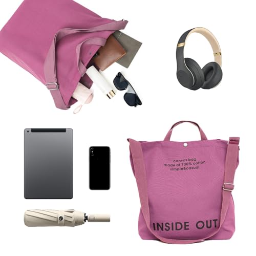 Canvas Tote Bag For Women inside out bag Crossbody Handbag with Adjustable Strap and Coin Purse for Work,Travel,Grocery - color: Pink