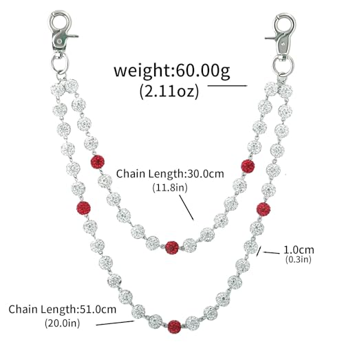 Rhinestone Ball Jeans Chain, Double Layer Crystal Waist Chain, Silver & Blue Sparkly Bling Pants Chain, Hip Hop Belt Chain Accessories for Women Men, Y2K Punk Aesthetic for Party, Festival, Everyday Wear - color: red