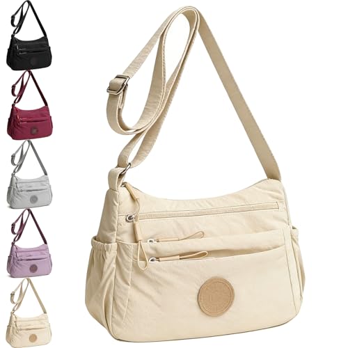 Solid Color Fashionable Multi-pocket Zipper Crossbody Bag for Women - Lightweight & Waterproof Shoulder Bag - color: Beige