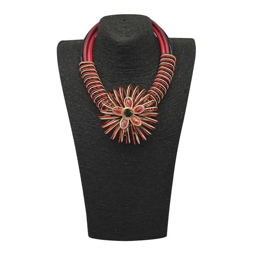 Statement African Necklace For Women African Jewelry Costume Earring Sets Tribal Fashion Colorful Big Rhinestone Crystal Pendent Collar Choker Bold Chunky Bib Handmade - color: Flower red