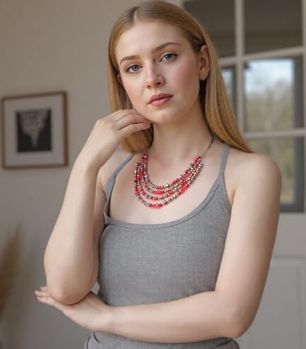 Errally Layered Beaded Statement Necklace Multi Strand Crystal Beads Collar Necklace and Earring Sets for Women Fashion Costume Jewelry Set Gifts for Her - color: Red