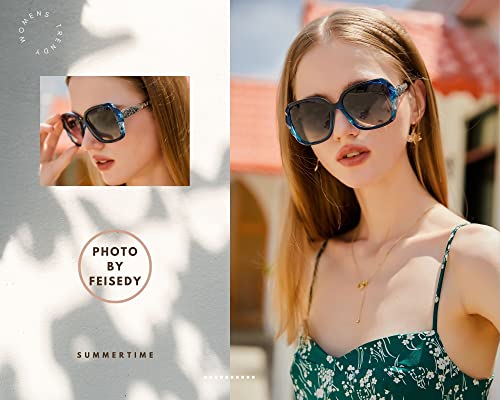FEISEDY Polarized Women Square Sunglasses Sparkling Composite Shiny Frame B2289 - color: 1 Blue/Fade Smoke