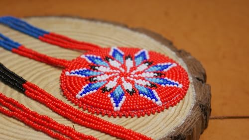 Handmade Native American Style Tribal ethnic Seed Bead Beaded Layered Medallion Necklace #1 - color: Red Star
