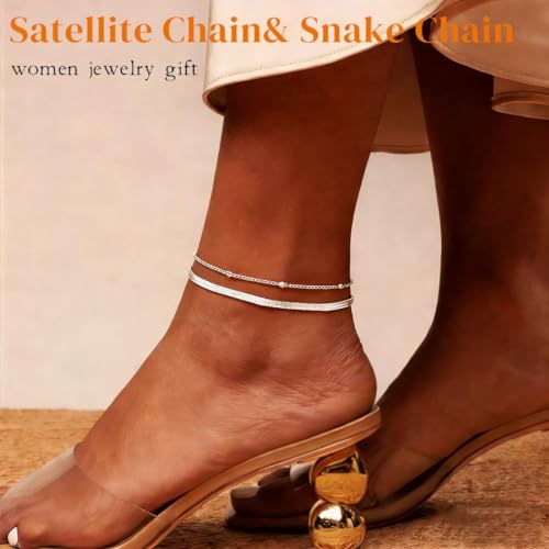 Yalice 925 Silver Ankle Bracelets Chain for Women Dainty 14K Gold Plated Waterproof Beads Anklets Layered Beach Foot Jewelry Gift - color: Silver-Snake Chain