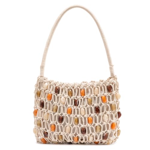 Boho Crochet Shoulder Bag for Women, Colorful Beaded Beach Tote Handbag Lightweight Summer Knit Hobo Purse &Travel Organizer (Style 2)