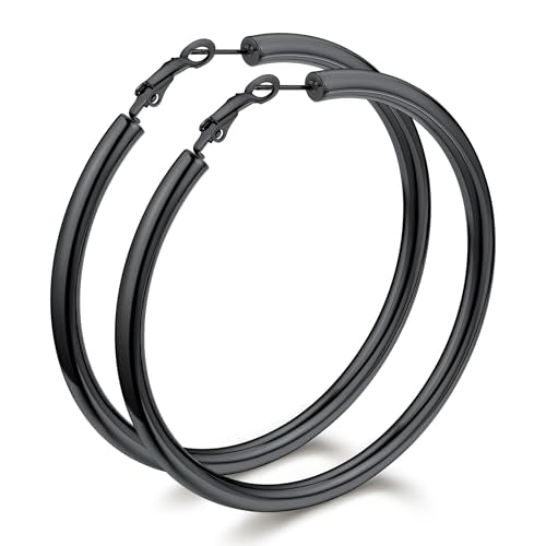 Bestyle 5mm Thick Gold Hoop Earrings Hypoallergenic Hoops for Sensitive Ears Trendy Lightweight Chunky Earrings for Women 30/40/60/80mm - color: 01-Black, size: 80mm