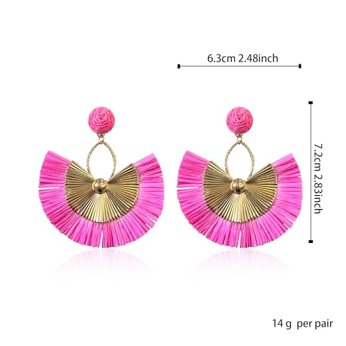 Anmpab Straw Fan Bohemian Tassel Earrings for Women Trendy Colorful Fringe Summer Beach Statement Earrings - color: Hot Pink