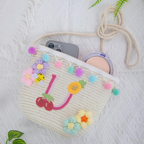 Letter Small Woven Straw Summer Beach Tote Bag for Women 2025,Woven Straw Beach Purse Shoulder Crossbody Bag for Women 2025 - color: White U