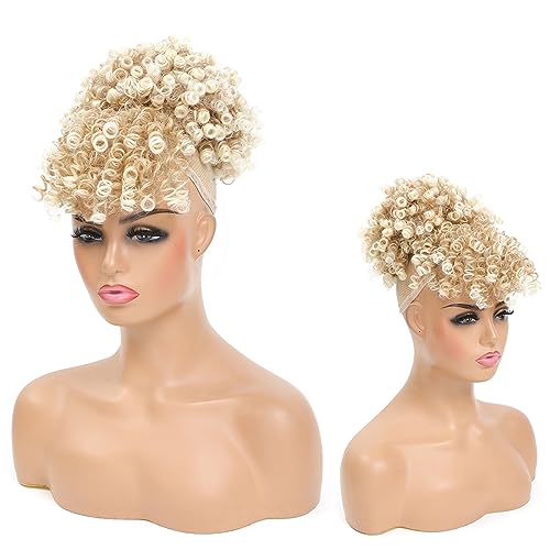 Drawstring Ponytail with Bangs Afro Puff Ponytail Extensions for Women Short Curly Puff Ponytail with Bangs Clip in Wrap Updo Hairpiece for Women (T27/613) - color: T27/613