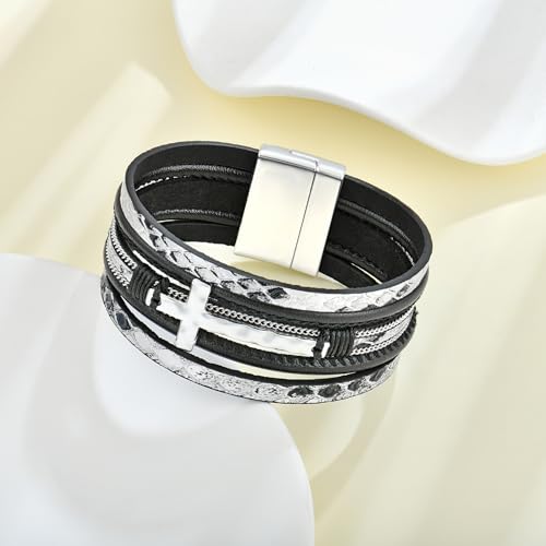 Leather Wrap Bracelets Cross Bracelets Trendy Layered Bracelet for Women Stackable Bracelet Jewelry Birthday Christmas - color: black