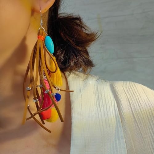 Long Bohemian Fringe Leather Earrrings Handmade Tassel Earrings with Turquoise Christmas Long Dangle Earrings for Women rodeo jewelry - color: 6