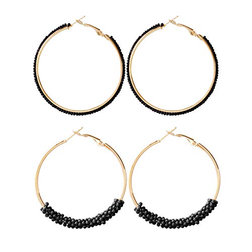 2 Pairs Bohemian Colorful Beads Circle Round Hoop Earrings Gold Hoop Dangle Earrings for Women Vintage Boho Jewelry - color: black