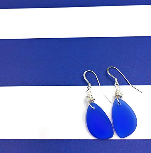 Popular Recycled Sea Glass Earrings on Sterling Silver Hooks - color: Cobalt Blue 2