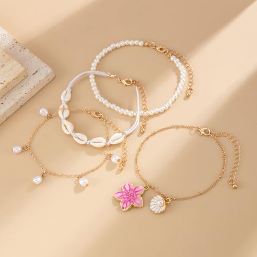 Fashion Layered Flower Charm Anklet for Women Golden Cuban Link Chain Tassel Waterproof Ankle Bracelet Adjustable Beach Vacation Foot Jewelry Summer Accessories - color: Pearl white
