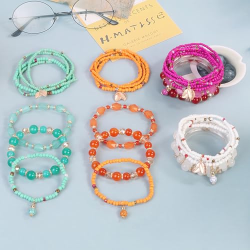 Caiyao 4Pcs Bohemia Multilayer Stackable Beaded Bracelets Set Colorful Crystal Stone Gold Beaded Stretch Bracelets Hawaii Charm Bracelet for Women Men Summer Beach Boho Vacation Jewelry Gifts - color: 7pcs white