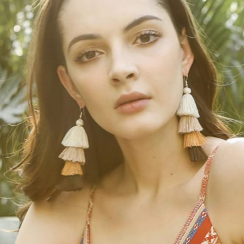 Clip on Earrings, Lightweight Colorful Layered Tassel Bohemian Statement Tiered Big Dangle Drop Earrings for Women, Non Pierced, Boho Jewelry - color: Brown