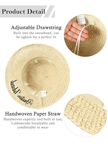 Womens Sun Hat Handmade Crochet Straw Bucket for Summer Foldable Travel Cap - color: Beige 2