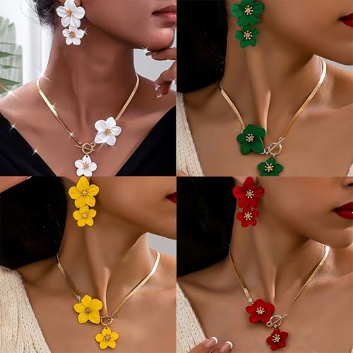 Vintage Flower Necklace Earring Set Gold Snake Chain Necklace Bohemian Large Double Flower Choker Necklaces Hypoallergenic Statement Flower Stud Earrings Elegant Bridal Wedding Summer Beach Jewelry - color: Rose Red