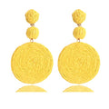 Boho Raffia Ball Earrings for Women, Handmade Statement Drop Earrings Straw Dangle Earrings Beach Vacation Jewelry - color: Yellow