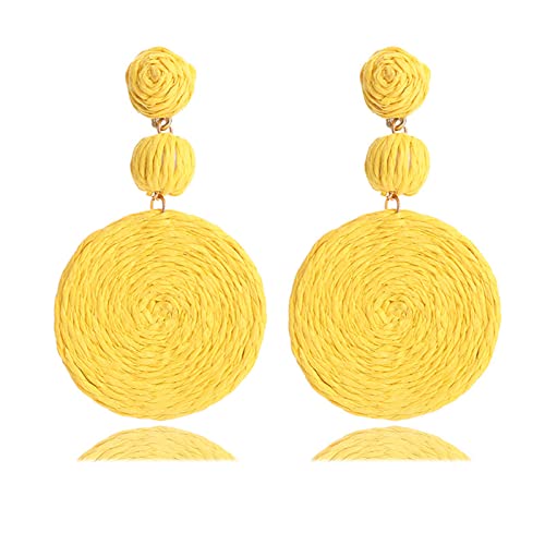 Boho Raffia Ball Earrings for Women, Handmade Statement Drop Earrings Straw Dangle Earrings Beach Vacation Jewelry - color: Yellow