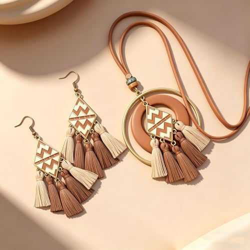 Wooden Leather Necklaces Set Bohemian Wood Stack Discs Long Chain Hemp Rope Bronze Plated Pendant Ethnic Tribal Fall Leaf Earrings Jewelry Statement Necklace - color: R-032