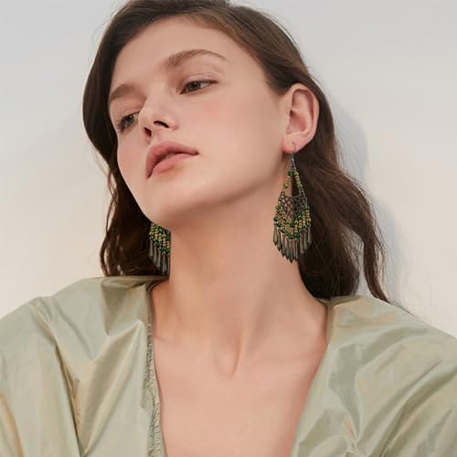 Handmade Vintage Bronze Bohemian Long Tassel Colorful Bead Dangle Drop Earrings Big Tribal Chandelier Geometry Hook Earrings for Women Statement Jewelry Gifts - color: Green