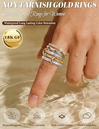 18K Gold Plated Stackable Rings for Women CZ Mixed Metal Statement Rings Set Non Tarnish Interlocked Stacked Ring Unique Connected Band Thumb Ring Fashion Multi-layer Wedding Ring Jewelry Size 6-10 - style: Gold Style C