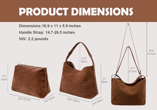 Leather Woven Tote Bag for Women, Vintage Suede Woven Hobo Bag, Large Crossbody Shoulder Slouchy Handbag - color: Brown