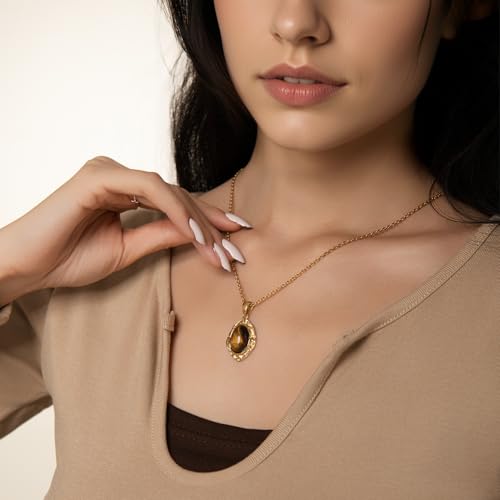 14k gold Vintage Tiger's Eye Pendant Necklace - size: Large