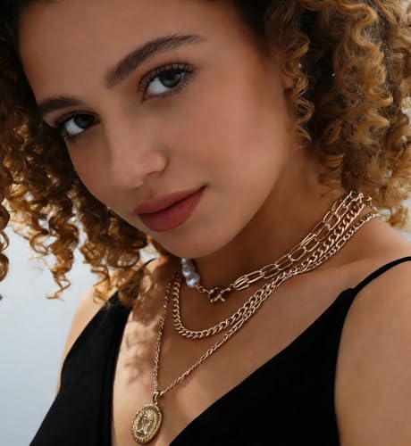 iF YOU Vintage Gold Layered Necklaces for Women Trendy, Chunky Cuban Link Paperclip Chains Necklace Stack, Coin Pendant Necklace Set Jewelry Gifts - style: 3-layer pearl necklaces