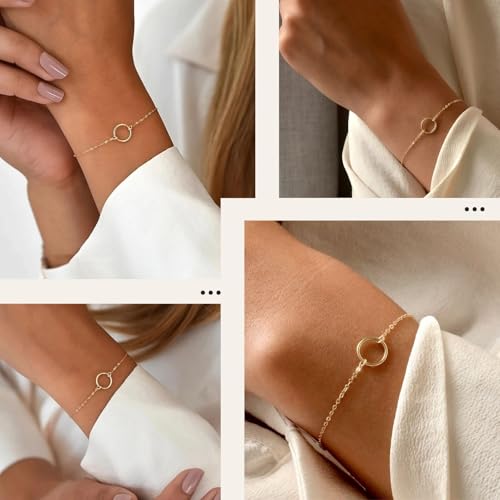 NOKMIT Solid 925 Sterling Silver Bracelets for Women, Dainty Interlocking Circles Cubic Zirconia Adjustable Chain Bracelet, Trendy Stackable Link Bracelets, Simple Cute Jewelry Gifts - color: Gold Karma Circle