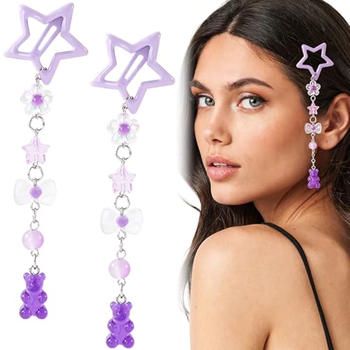 Pndeyo 2pcs Star Tassels Hair Clips for Women, Bow Bear Non-Slip 2000s Y2k Snap Barrettes, Cute Star Beaded Pendant Pin Accessories for Braid Long Short Thin Thick Hair- Purple - color: Purple-B Style