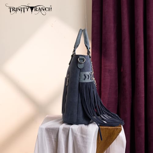 Trinity Ranch Crossbody Bags for Women Tooled Fringe Top Handle Handbags Vintage Western Purse - color: Navy