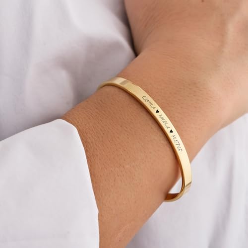 MIONZA 18K Gold Vermeil Personalized Bangle Bracelet for Women, Custom Engraved Cuff with Personal Text