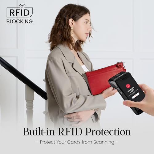 befen Genuine Leather Wristlet Clutch Wallet Purses with RFID Blocking, Small Crossbody Bags Shoulder Handbag for Women - color: Fire-engine Red