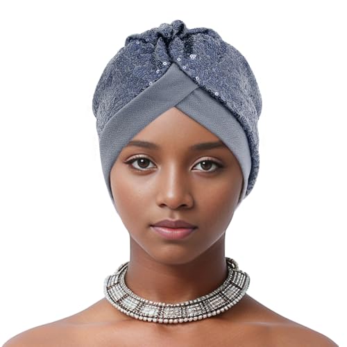 Erinaco Women Sparkle Sequin African Turban Bow Knot Pre-Tied Cap Pleated Ruffle Bonnet Beanie Hat Headwrap Skull Caps - color: Sparkle Dark Grey