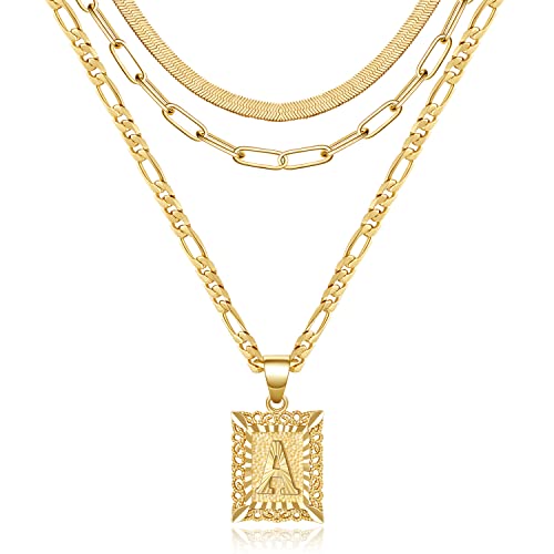 KissYan Gold Layered Necklace Set for Womens, 14K Gold Plated Initial Letter Pendant Necklaces Paperclip Snake Choker Alphabets from A-Z Figaro Chain Jewellery Gift - color: 3PCS, style: A Letter