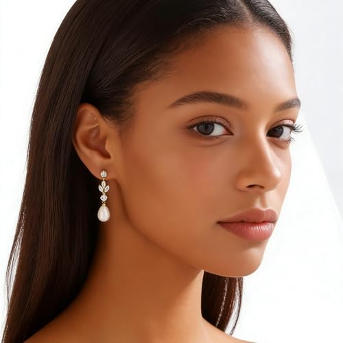 Pearl Earrings for Women Dainty Diamond Pearl Drop Earrings 14k Gold Plated Dangle Earrings for Women Weddings Gifts Bridesmaid Gifts - color: A-gold pearl earrings