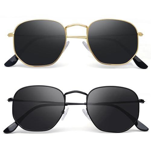 Polarized Sunglasses for Womens Men Trendy Square Hexagonal Flat Mirrored Sun Glasses UV Protection - color: B01-gold/Grey + Black/Grey