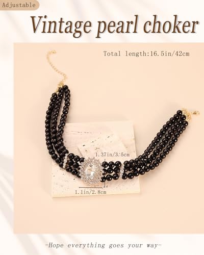 Bethynas Boho Layered Pearl Rhinestones Choker Necklace Vintage Chunky Pearl Crystal Pendant Short Necklace Chain Bridal Prom 1920s Costume Party Jewelry for Women - color: Pearl 8 - black