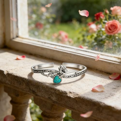 Genuine Turquoise Bracelet Cuff Bracelet for Women Mom 925 Sterling Silver Natural Turquoise Bangles Vintage Bracelet Boho Jewelry for Birthday Christmas Mother's Day Valentine's Day - style: Rose