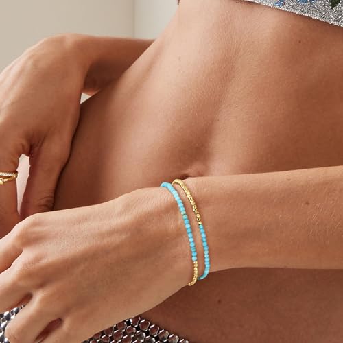 Fettero Beaded Bracelets for Women Charm Natural Stone Handmade Beads White Gold Plated Dainty Gold Bracelets Non Tarnish Boho Summer Beach Vacation Jewelry - color: Light Blue Turquoise