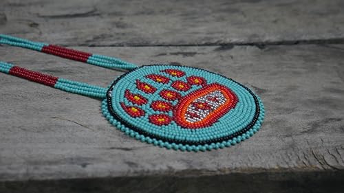Handmade Native American Style Tribal ethnic Seed Bead Beaded Layered Medallion Necklace #1 - color: Bear Paw Turquoise